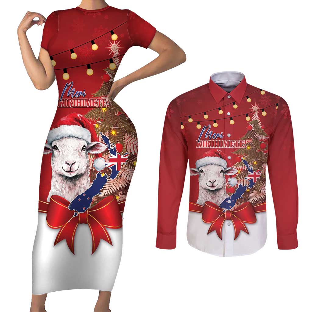 Personalized New Zealand Sheep Christmas Couples Matching Short Sleeve Bodycon Dress and Long Sleeve Button Shirt Hipi Meri Kirihimete Silver Fern Xmas Tree - Aussie Hoodie