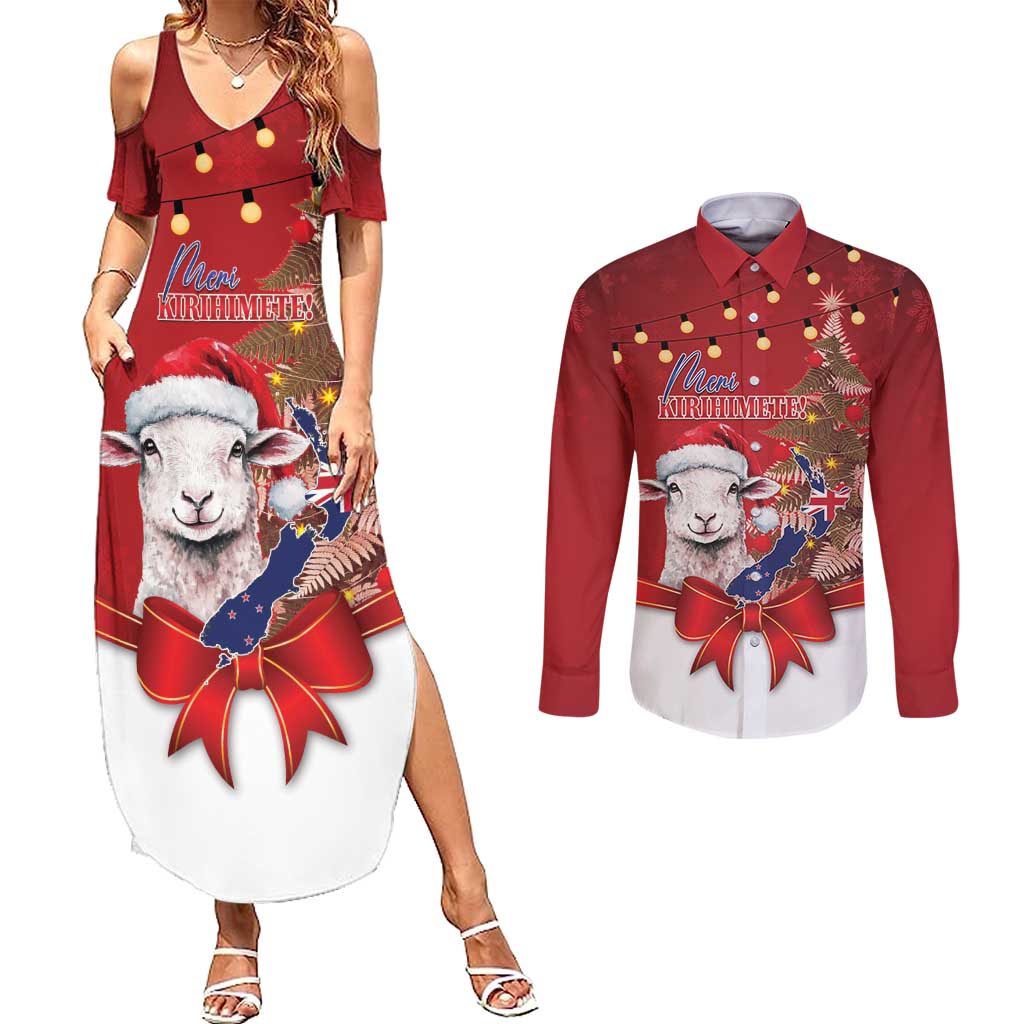 Personalized New Zealand Sheep Christmas Couples Matching Summer Maxi Dress and Long Sleeve Button Shirt Hipi Meri Kirihimete Silver Fern Xmas Tree - Aussie Hoodie