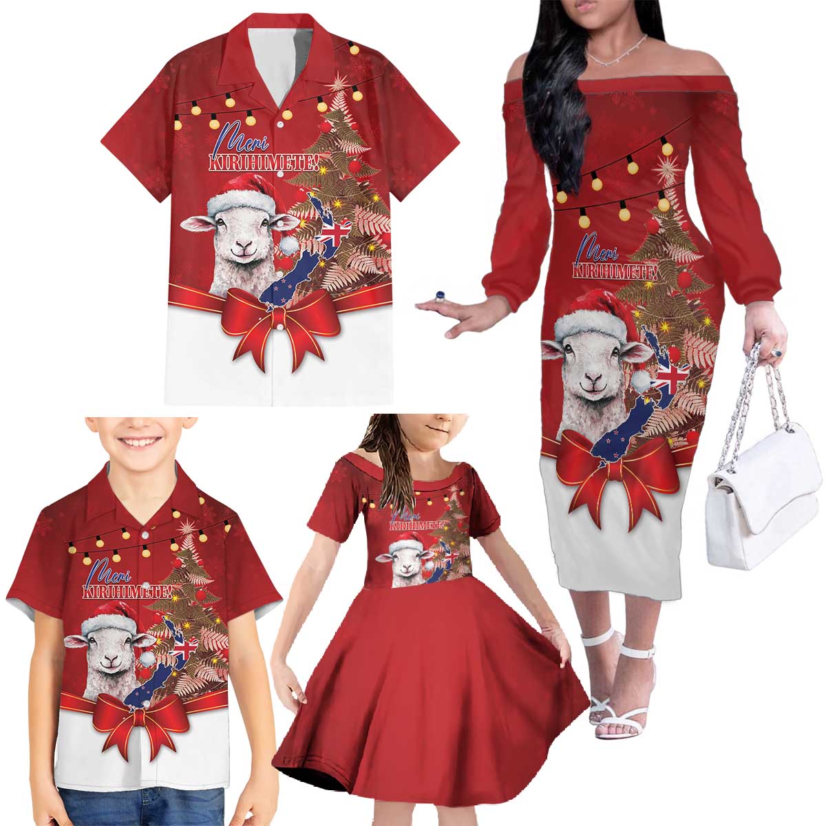Personalized New Zealand Sheep Christmas Family Matching Off The Shoulder Long Sleeve Dress and Hawaiian Shirt Hipi Meri Kirihimete Silver Fern Xmas Tree - Aussie Hoodie