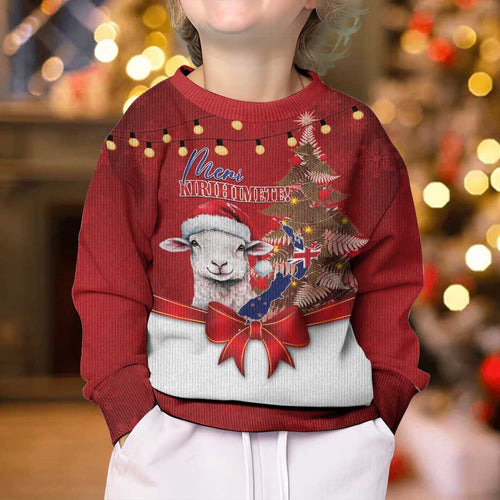 Personalized New Zealand Sheep Christmas Kid Ugly Christmas Sweater Hipi Meri Kirihimete Silver Fern Xmas Tree - Aussie Hoodie