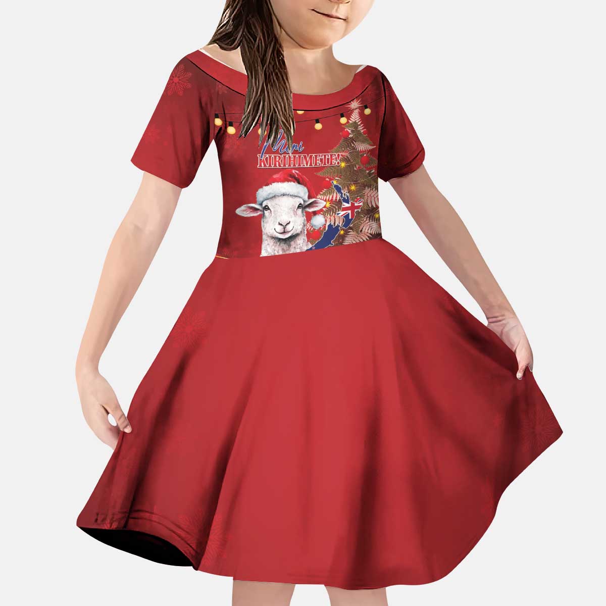 Personalized New Zealand Sheep Christmas Kid Short Sleeve Dress Hipi Meri Kirihimete Silver Fern Xmas Tree - Aussie Hoodie