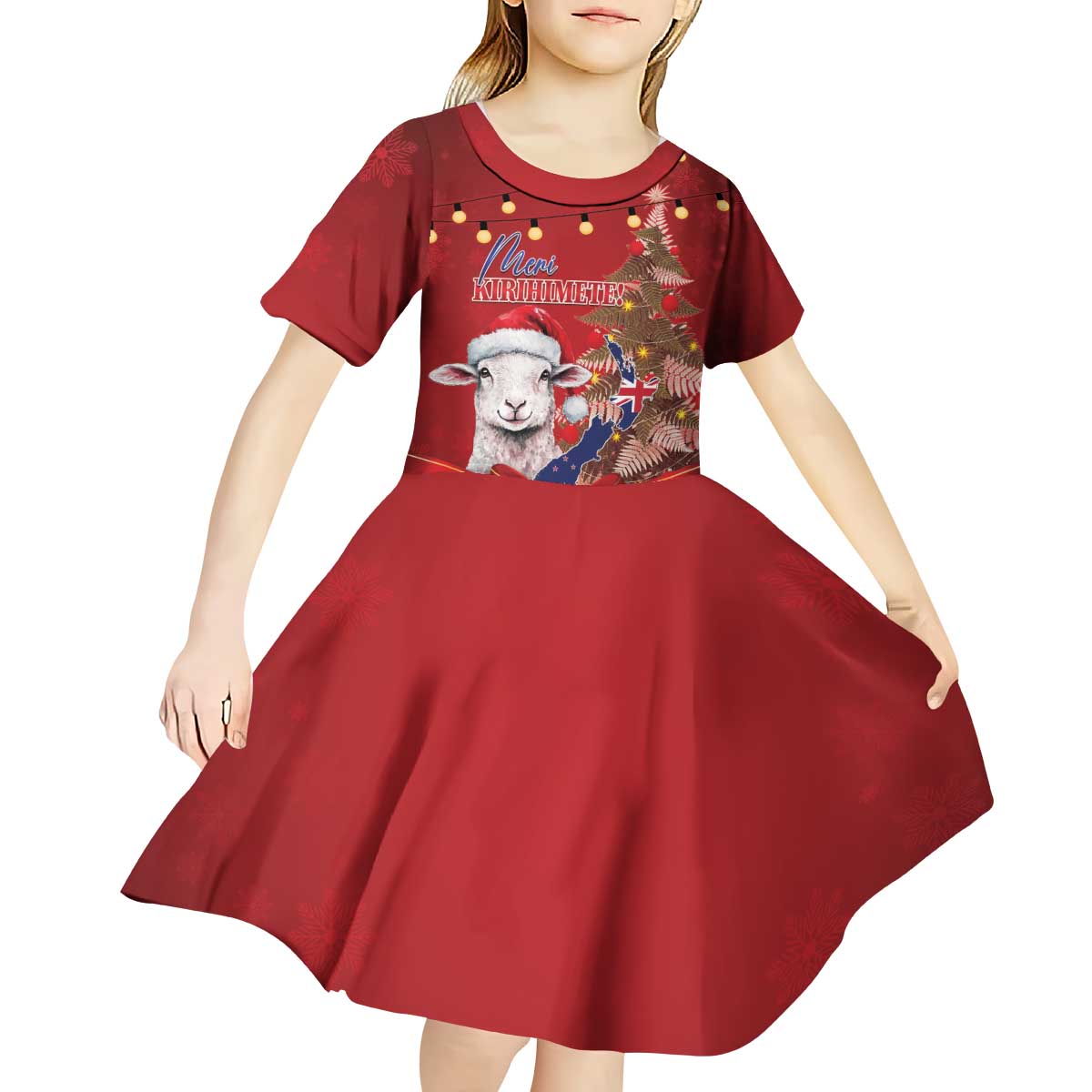 Personalized New Zealand Sheep Christmas Kid Short Sleeve Dress Hipi Meri Kirihimete Silver Fern Xmas Tree - Aussie Hoodie