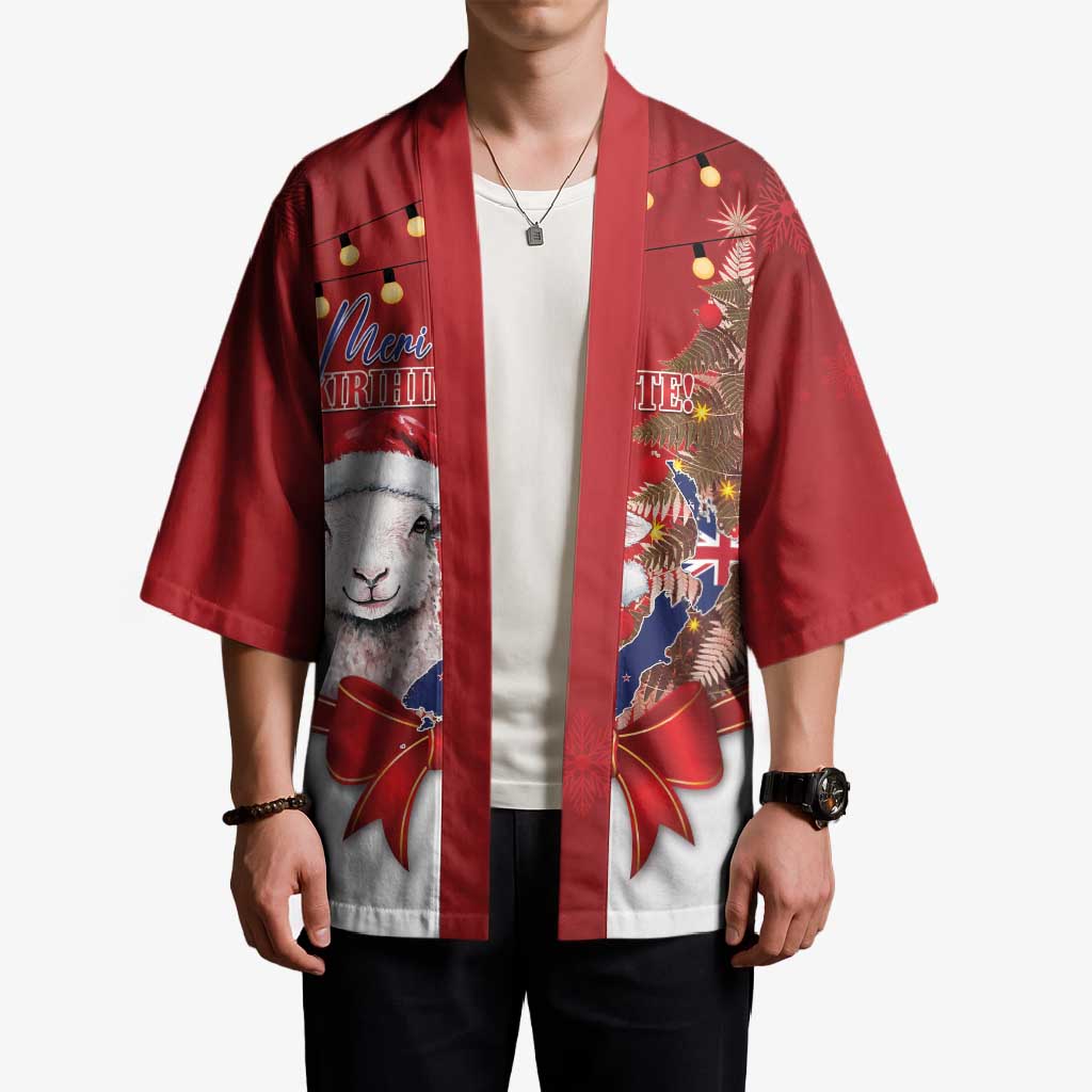 Personalized New Zealand Sheep Christmas Kimono Hipi Meri Kirihimete Silver Fern Xmas Tree - Aussie Hoodie