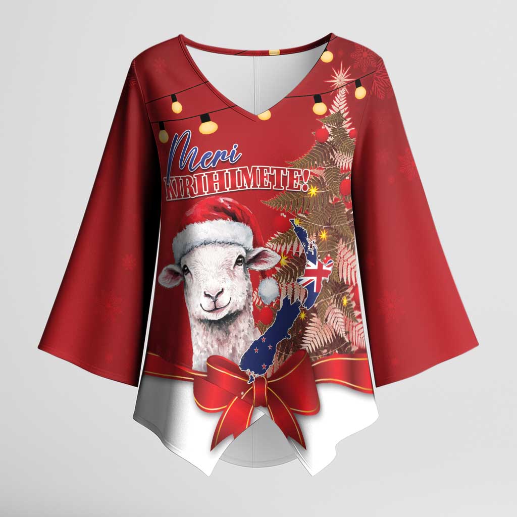 Personalized New Zealand Sheep Christmas Kimono Sleeve Blouse Hipi Meri Kirihimete Silver Fern Xmas Tree - Aussie Hoodie
