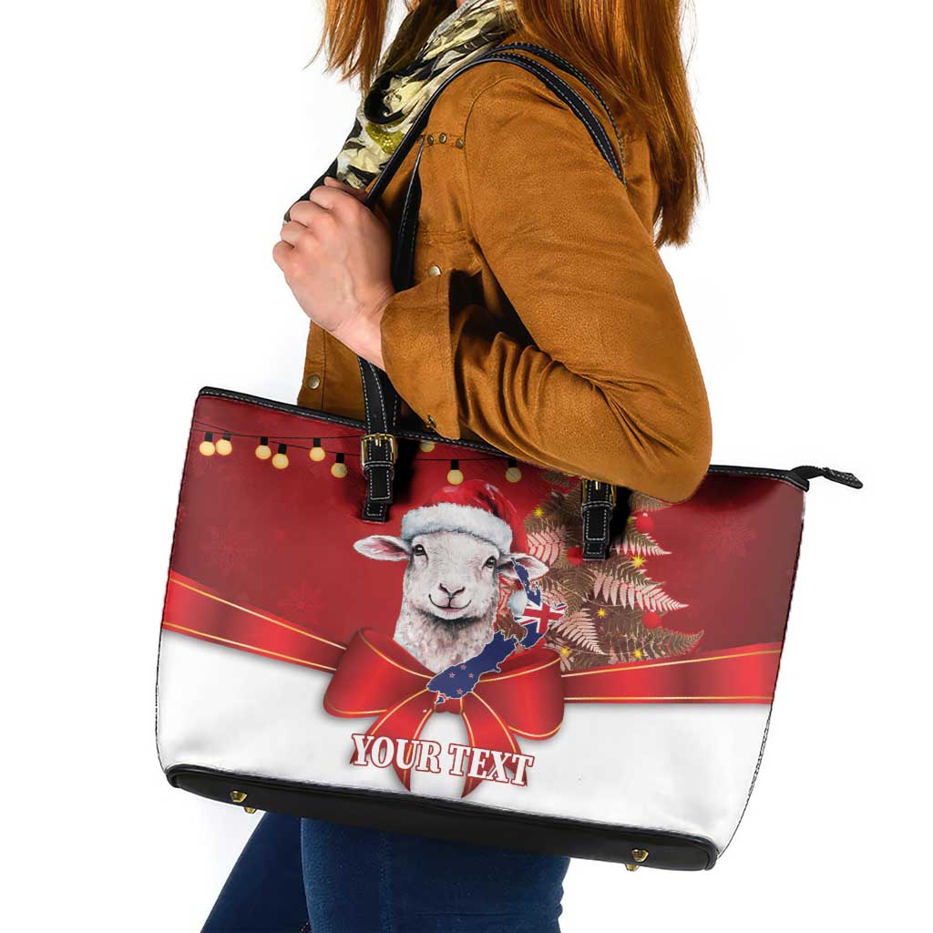 Personalized New Zealand Sheep Christmas Leather Tote Bag Hipi Meri Kirihimete Silver Fern Xmas Tree - Aussie Hoodie