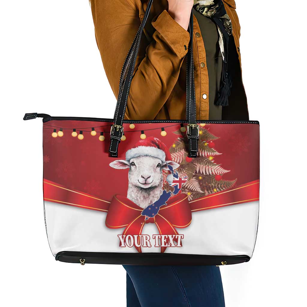 Personalized New Zealand Sheep Christmas Leather Tote Bag Hipi Meri Kirihimete Silver Fern Xmas Tree - Aussie Hoodie