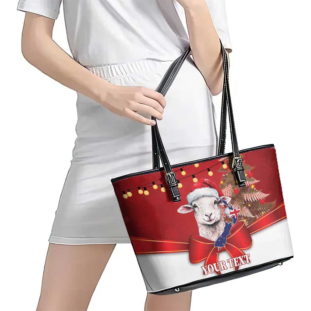 Personalized New Zealand Sheep Christmas Leather Tote Bag Hipi Meri Kirihimete Silver Fern Xmas Tree - Aussie Hoodie