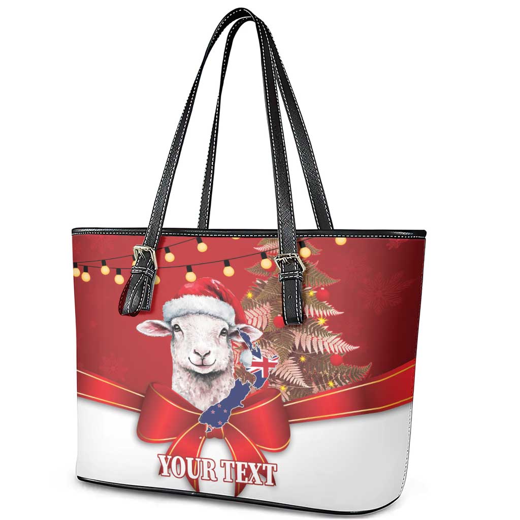Personalized New Zealand Sheep Christmas Leather Tote Bag Hipi Meri Kirihimete Silver Fern Xmas Tree - Aussie Hoodie