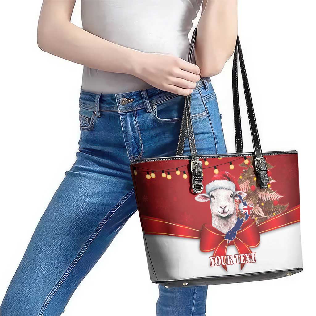 Personalized New Zealand Sheep Christmas Leather Tote Bag Hipi Meri Kirihimete Silver Fern Xmas Tree - Aussie Hoodie