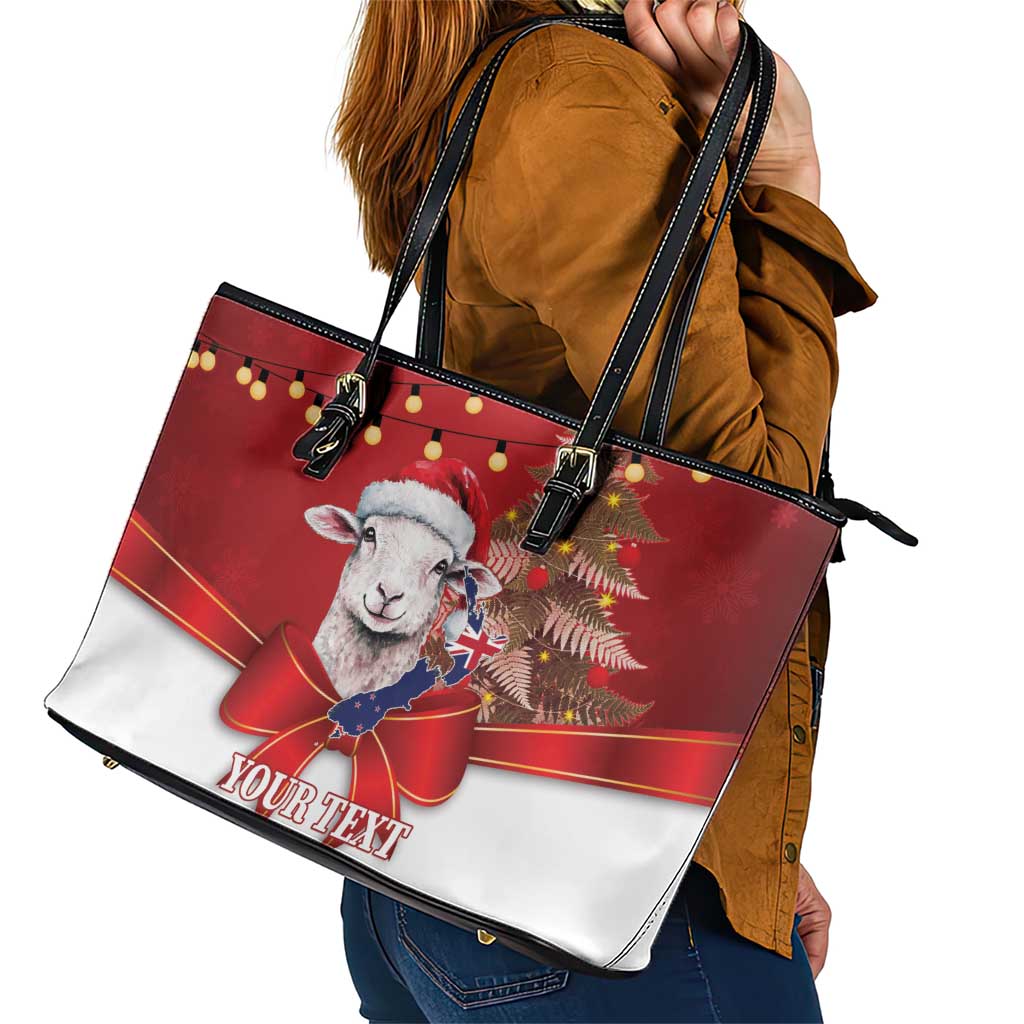 Personalized New Zealand Sheep Christmas Leather Tote Bag Hipi Meri Kirihimete Silver Fern Xmas Tree - Aussie Hoodie