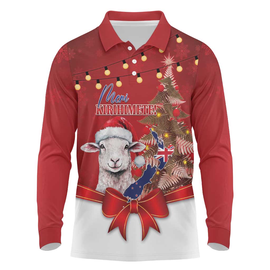 Personalized New Zealand Sheep Christmas Long Sleeve Polo Shirt Hipi Meri Kirihimete Silver Fern Xmas Tree - Aussie Hoodie