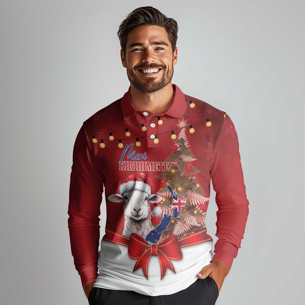 Personalized New Zealand Sheep Christmas Long Sleeve Polo Shirt Hipi Meri Kirihimete Silver Fern Xmas Tree - Aussie Hoodie