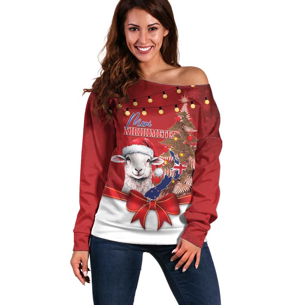 Personalized New Zealand Sheep Christmas Off Shoulder Sweater Hipi Meri Kirihimete Silver Fern Xmas Tree - Aussie Hoodie