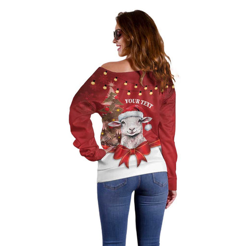 Personalized New Zealand Sheep Christmas Off Shoulder Sweater Hipi Meri Kirihimete Silver Fern Xmas Tree - Aussie Hoodie