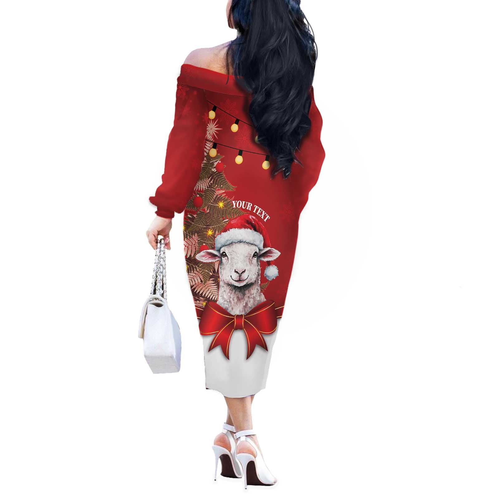 Personalized New Zealand Sheep Christmas Off The Shoulder Long Sleeve Dress Hipi Meri Kirihimete Silver Fern Xmas Tree - Aussie Hoodie