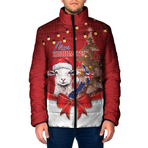 Personalized New Zealand Sheep Christmas Padded Jacket Hipi Meri Kirihimete Silver Fern Xmas Tree - Aussie Hoodie