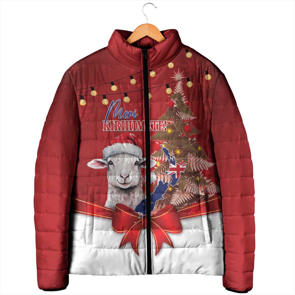 Personalized New Zealand Sheep Christmas Padded Jacket Hipi Meri Kirihimete Silver Fern Xmas Tree - Aussie Hoodie