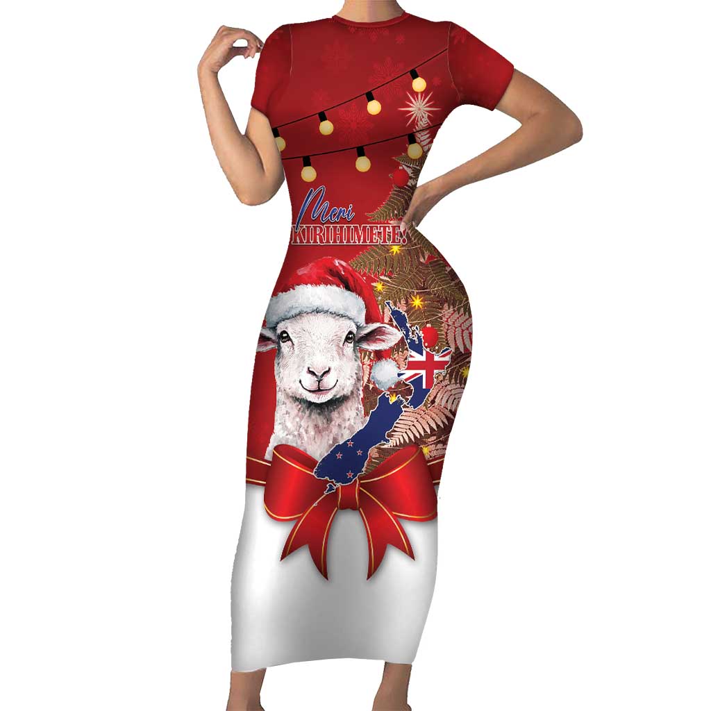 Personalized New Zealand Sheep Christmas Short Sleeve Bodycon Dress Hipi Meri Kirihimete Silver Fern Xmas Tree - Aussie Hoodie