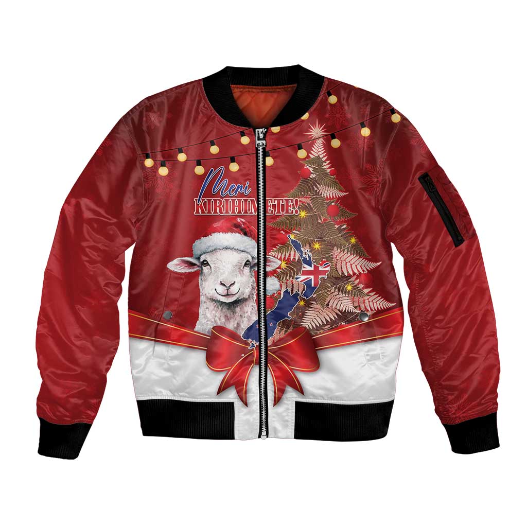 Personalized New Zealand Sheep Christmas Sleeve Zip Bomber Jacket Hipi Meri Kirihimete Silver Fern Xmas Tree - Aussie Hoodie