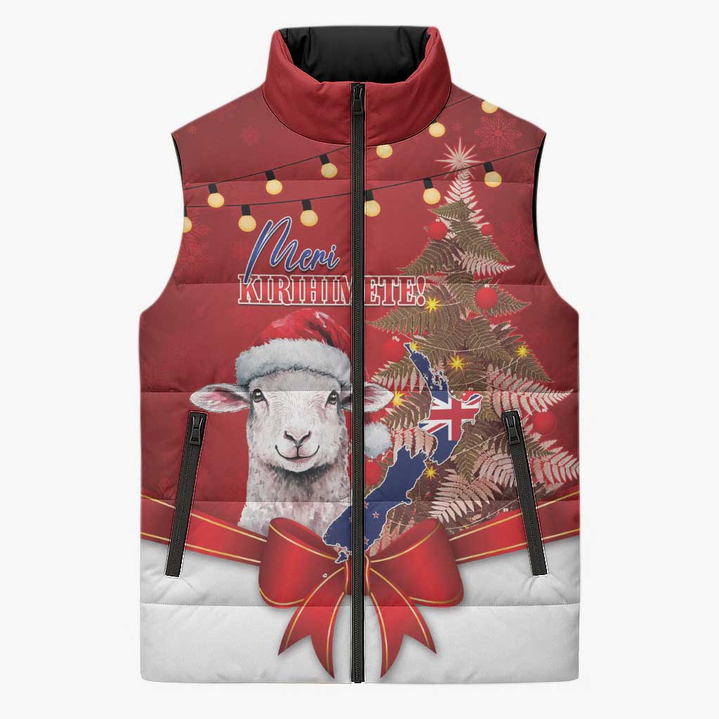 Personalized New Zealand Sheep Christmas Sleeveless Puffer Jacket Hipi Meri Kirihimete Silver Fern Xmas Tree - Aussie Hoodie