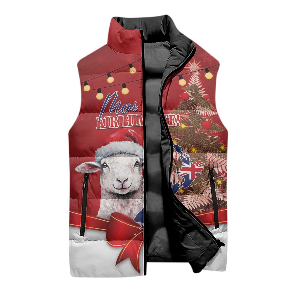 Personalized New Zealand Sheep Christmas Sleeveless Puffer Jacket Hipi Meri Kirihimete Silver Fern Xmas Tree - Aussie Hoodie