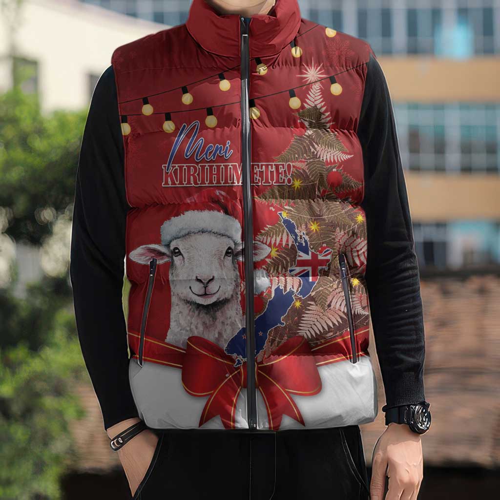 Personalized New Zealand Sheep Christmas Sleeveless Puffer Jacket Hipi Meri Kirihimete Silver Fern Xmas Tree - Aussie Hoodie