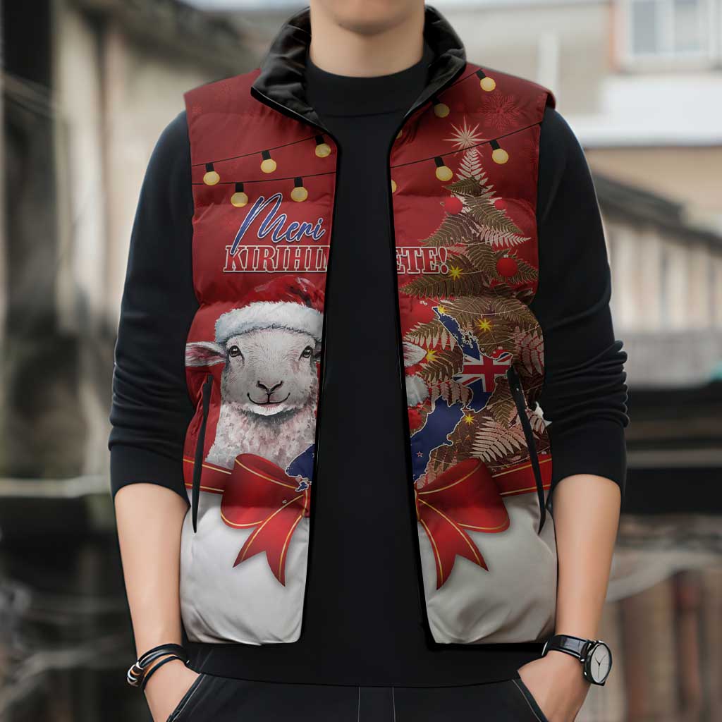 Personalized New Zealand Sheep Christmas Sleeveless Puffer Jacket Hipi Meri Kirihimete Silver Fern Xmas Tree - Aussie Hoodie