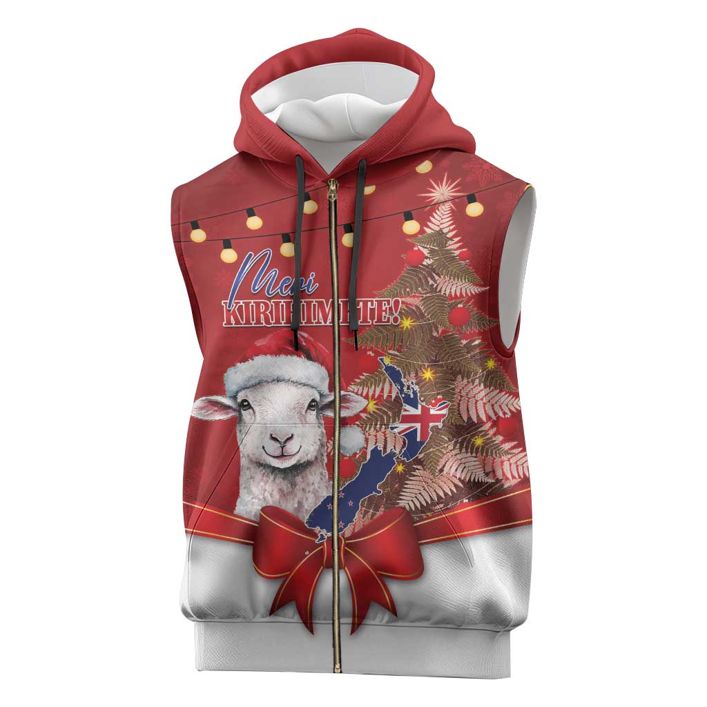 Personalized New Zealand Sheep Christmas Sleeveless Zip Hoodie Hipi Meri Kirihimete Silver Fern Xmas Tree - Aussie Hoodie