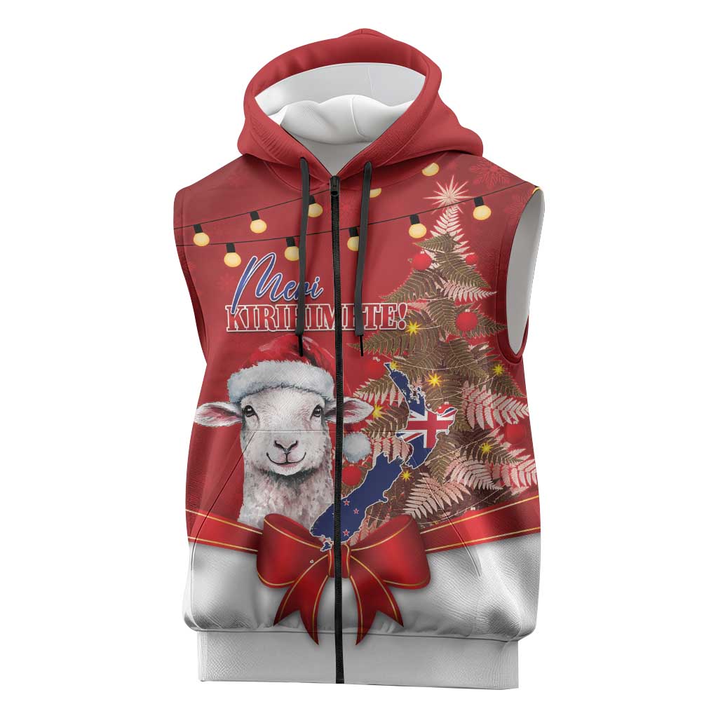 Personalized New Zealand Sheep Christmas Sleeveless Zip Hoodie Hipi Meri Kirihimete Silver Fern Xmas Tree LT14