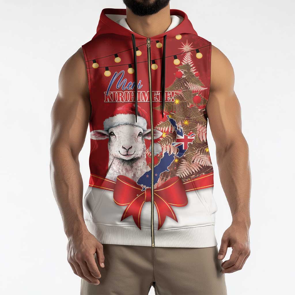 Personalized New Zealand Sheep Christmas Sleeveless Zip Hoodie Hipi Meri Kirihimete Silver Fern Xmas Tree - Aussie Hoodie