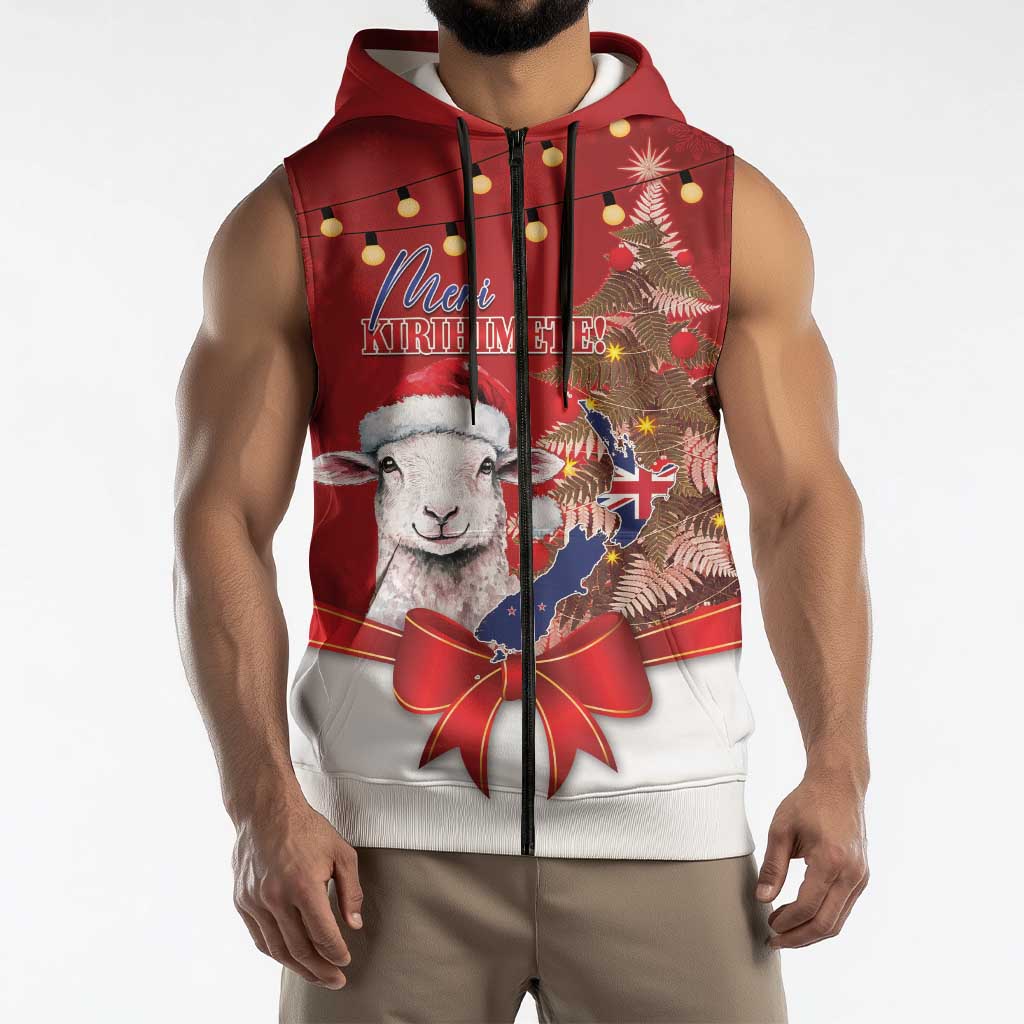 Personalized New Zealand Sheep Christmas Sleeveless Zip Hoodie Hipi Meri Kirihimete Silver Fern Xmas Tree LT14