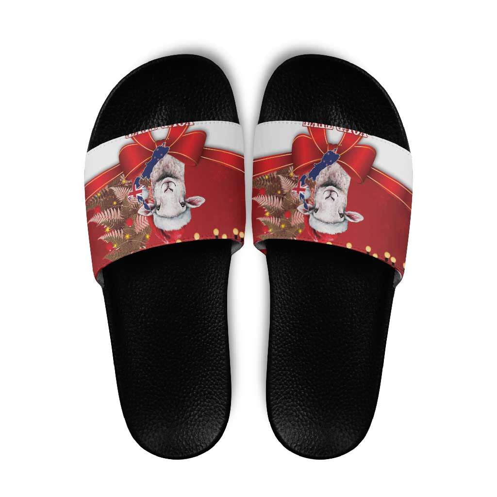 Personalized New Zealand Sheep Christmas Slide Sandals Hipi Meri Kirihimete Silver Fern Xmas Tree - Aussie Hoodie