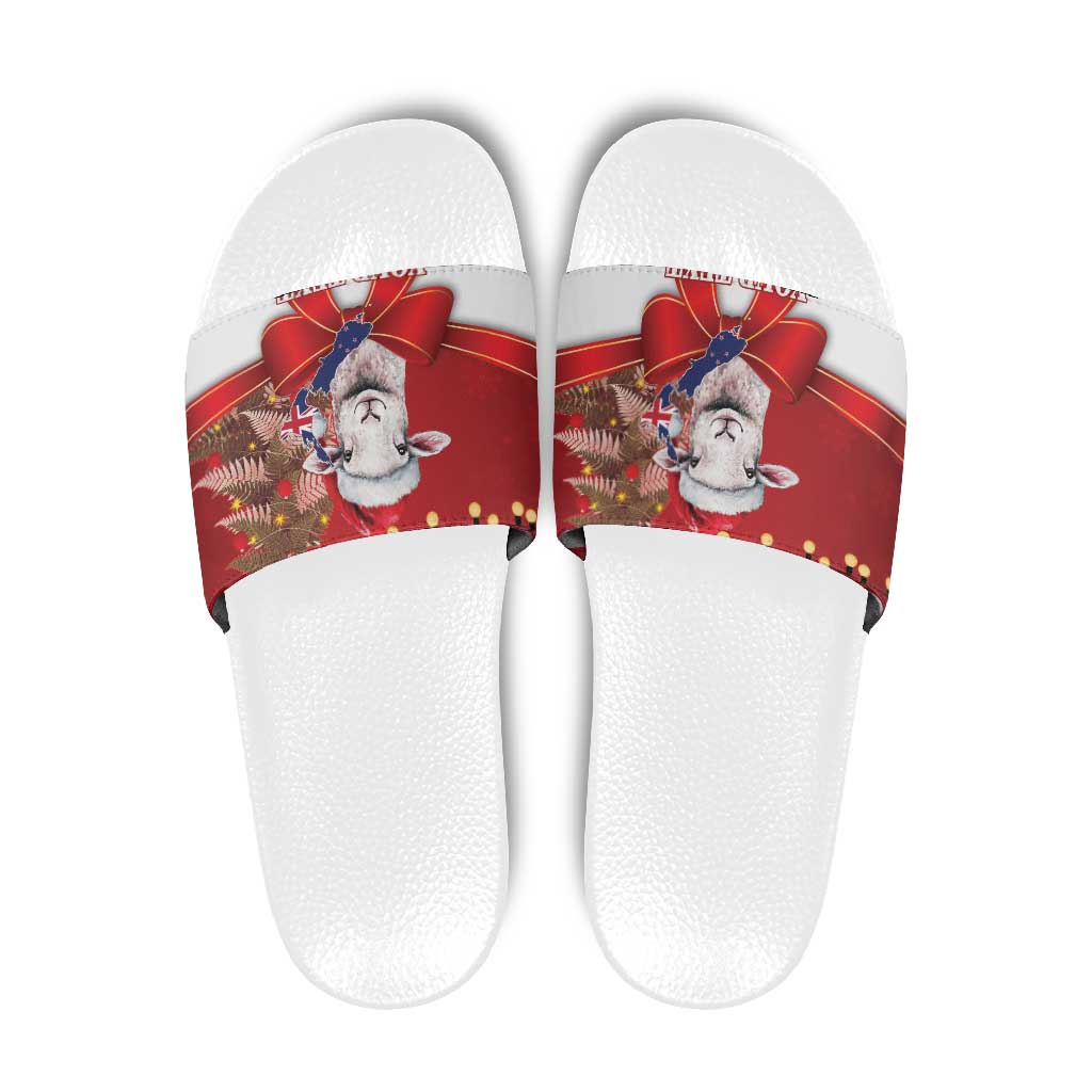 Personalized New Zealand Sheep Christmas Slide Sandals Hipi Meri Kirihimete Silver Fern Xmas Tree - Aussie Hoodie