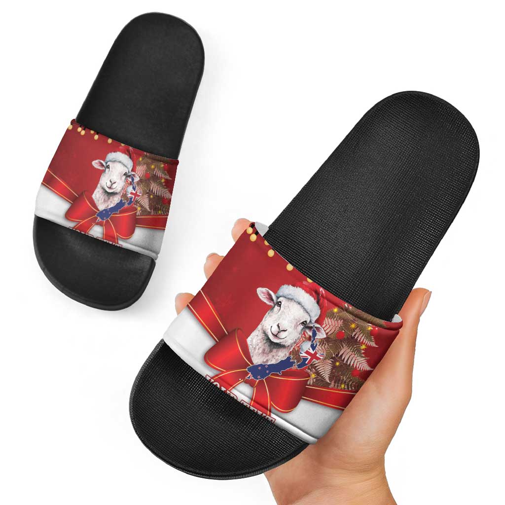 Personalized New Zealand Sheep Christmas Slide Sandals Hipi Meri Kirihimete Silver Fern Xmas Tree - Aussie Hoodie