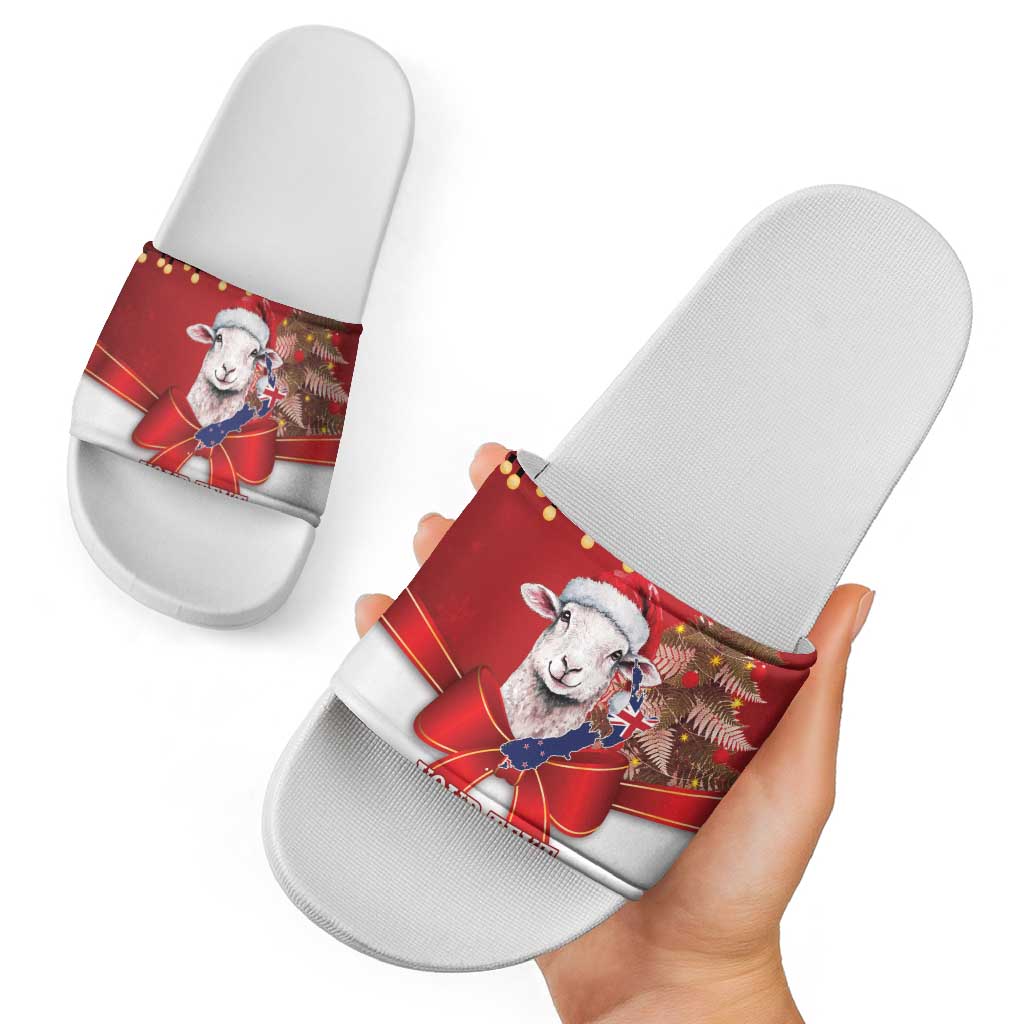 Personalized New Zealand Sheep Christmas Slide Sandals Hipi Meri Kirihimete Silver Fern Xmas Tree - Aussie Hoodie