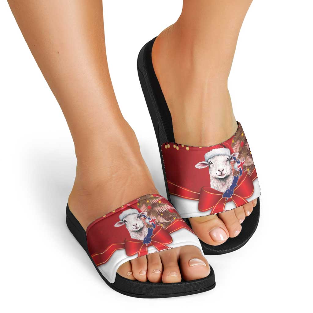 Personalized New Zealand Sheep Christmas Slide Sandals Hipi Meri Kirihimete Silver Fern Xmas Tree - Aussie Hoodie