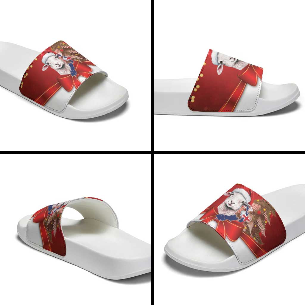 Personalized New Zealand Sheep Christmas Slide Sandals Hipi Meri Kirihimete Silver Fern Xmas Tree - Aussie Hoodie