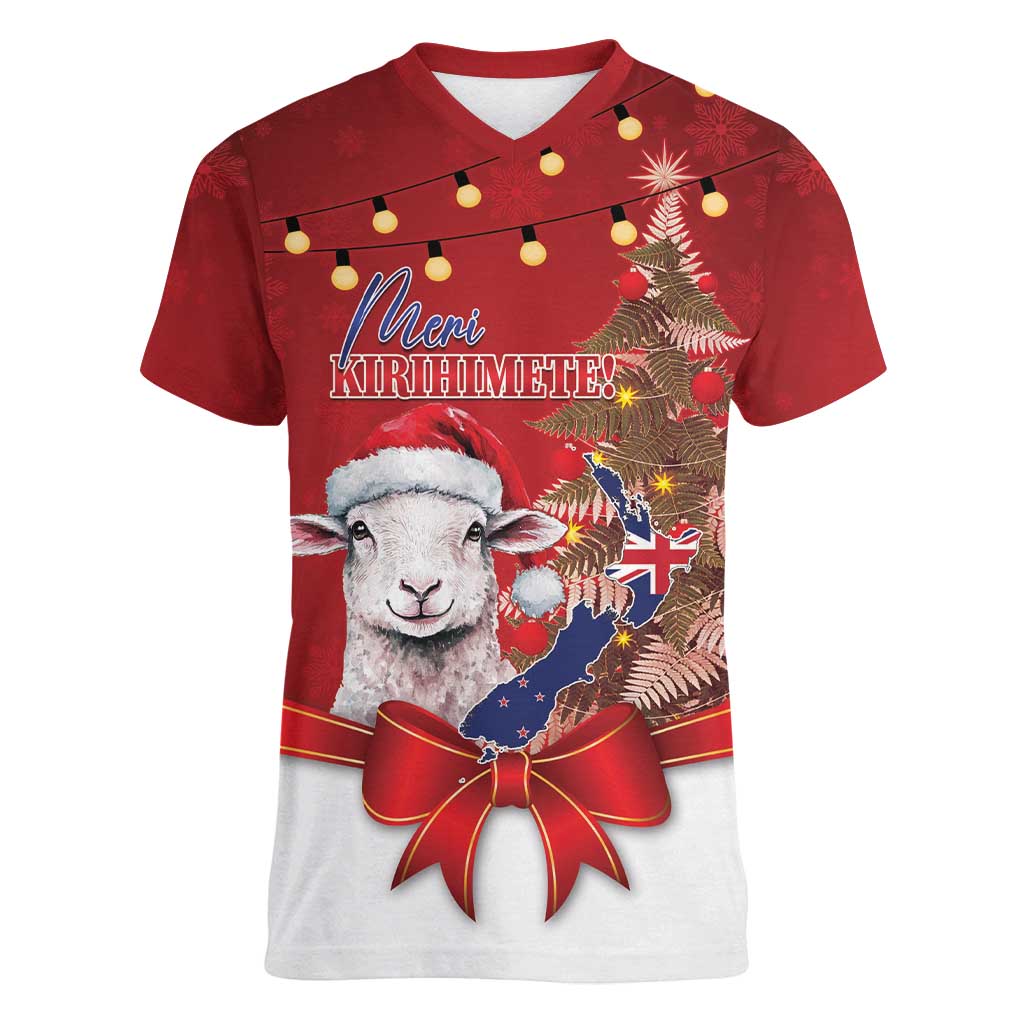 Personalized New Zealand Sheep Christmas Women V-Neck T-Shirt Hipi Meri Kirihimete Silver Fern Xmas Tree - Aussie Hoodie