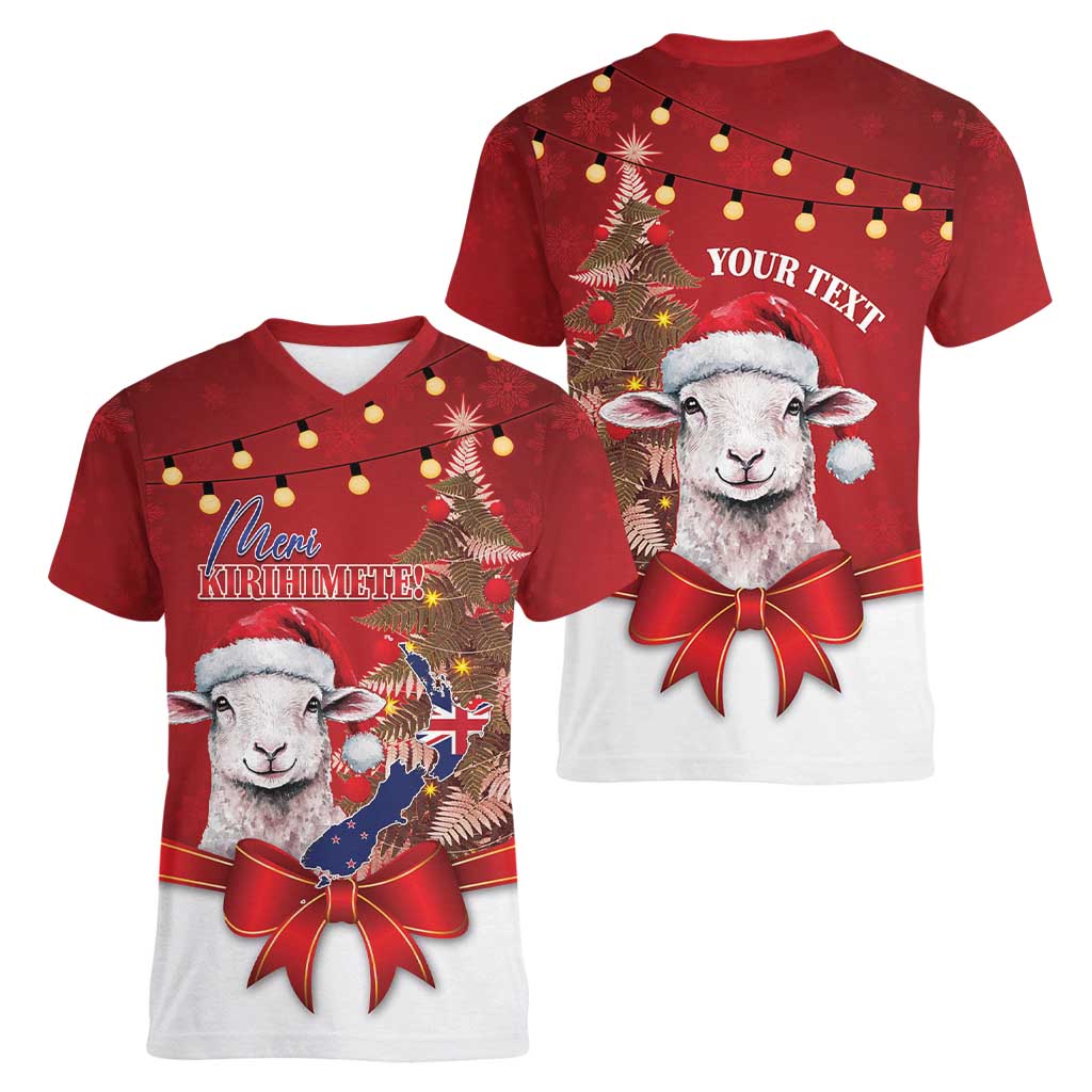 Personalized New Zealand Sheep Christmas Women V-Neck T-Shirt Hipi Meri Kirihimete Silver Fern Xmas Tree - Aussie Hoodie