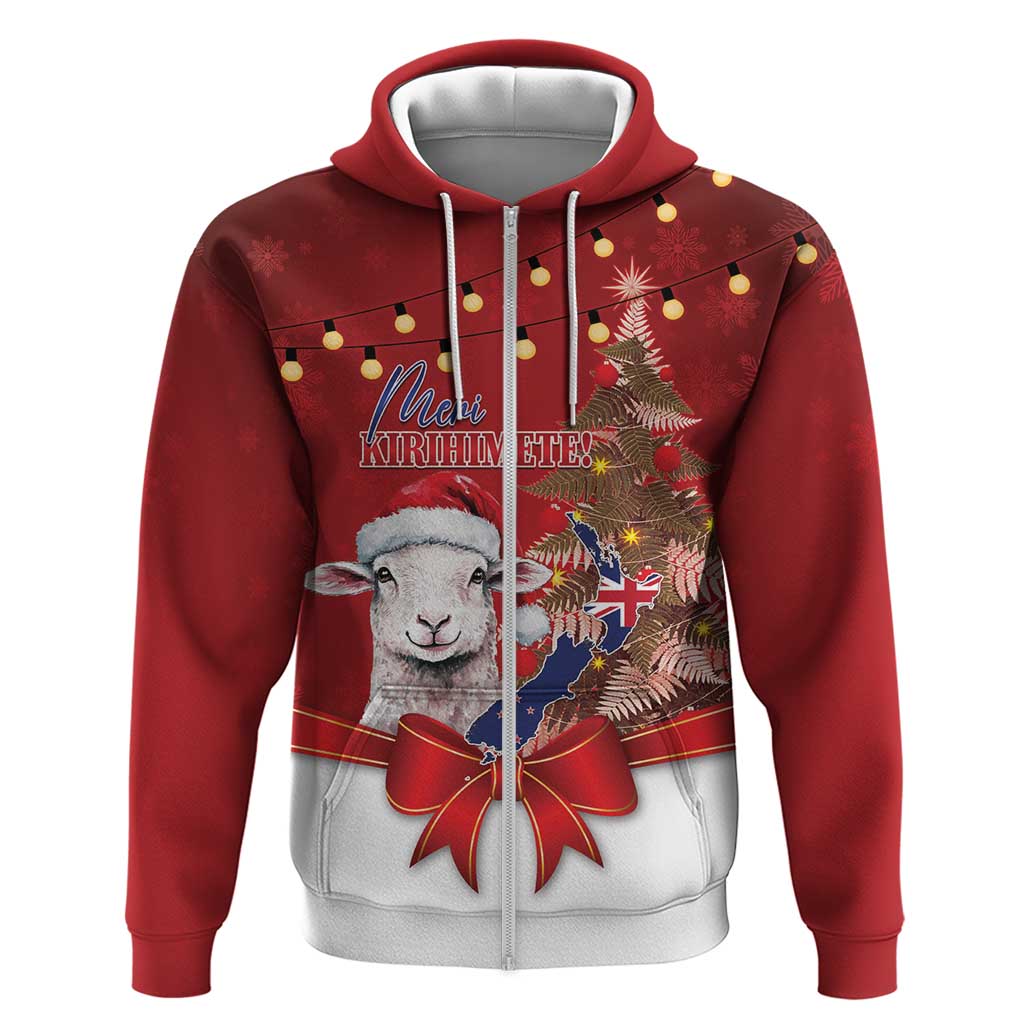 Personalized New Zealand Sheep Christmas Zip Hoodie Hipi Meri Kirihimete Silver Fern Xmas Tree - Aussie Hoodie