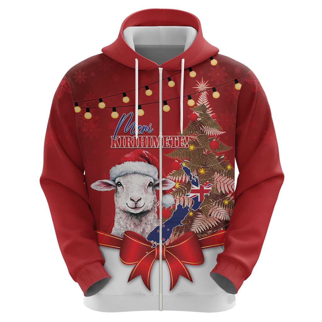 Personalized New Zealand Sheep Christmas Zip Hoodie Hipi Meri Kirihimete Silver Fern Xmas Tree - Aussie Hoodie
