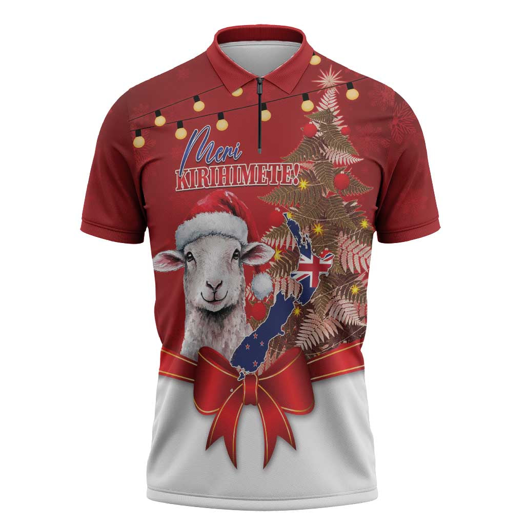 Personalized New Zealand Sheep Christmas Zipper Polo Shirt Hipi Meri Kirihimete Silver Fern Xmas Tree - Aussie Hoodie
