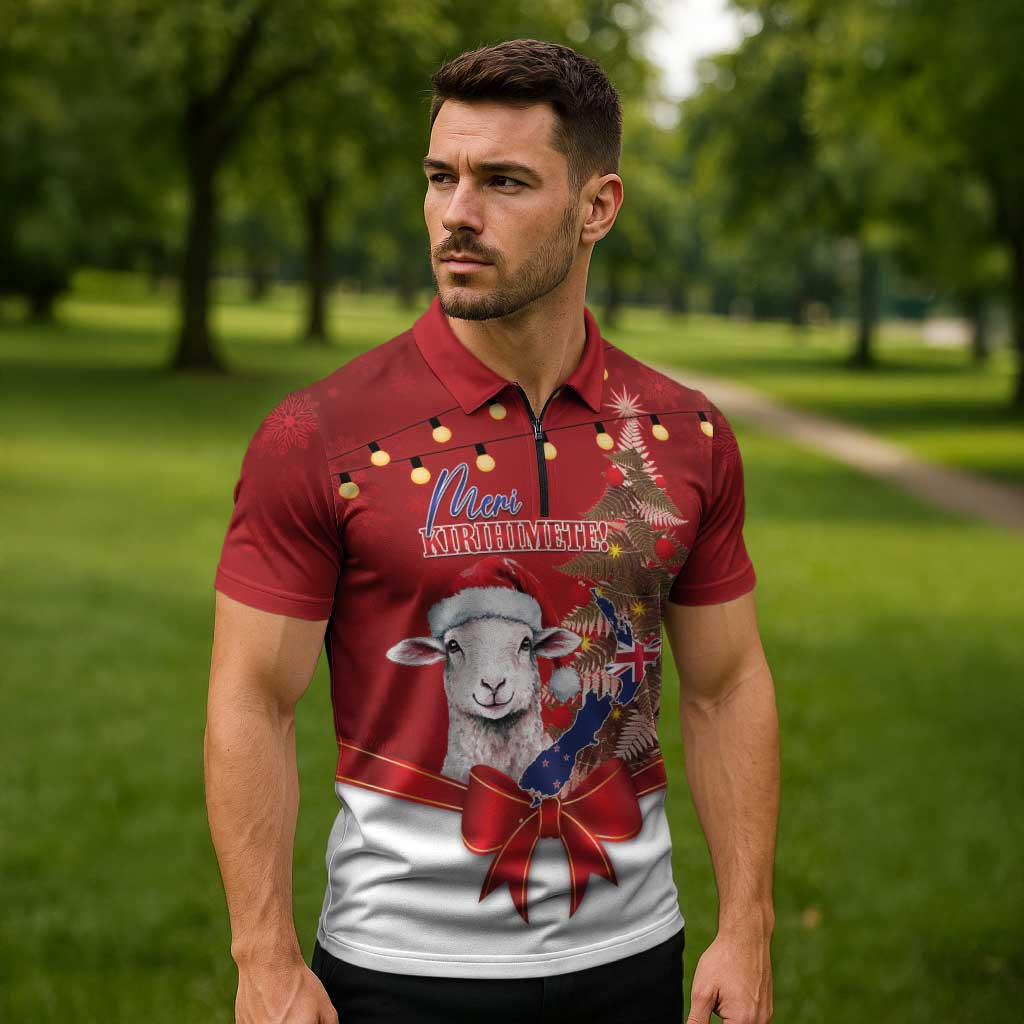 Personalized New Zealand Sheep Christmas Zipper Polo Shirt Hipi Meri Kirihimete Silver Fern Xmas Tree - Aussie Hoodie