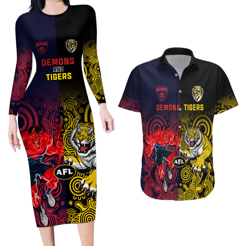custom-demons-and-tigers-football-couples-matching-long-sleeve-bodycon-dress-and-hawaiian-shirt-2023-together-indigenous-art