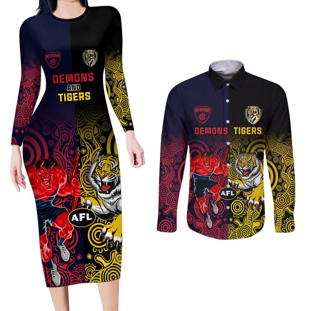 custom-demons-and-tigers-football-couples-matching-long-sleeve-bodycon-dress-and-long-sleeve-button-shirts-2023-together-indigenous-art