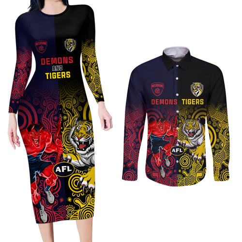 custom-demons-and-tigers-football-couples-matching-long-sleeve-bodycon-dress-and-long-sleeve-button-shirts-2023-together-indigenous-art