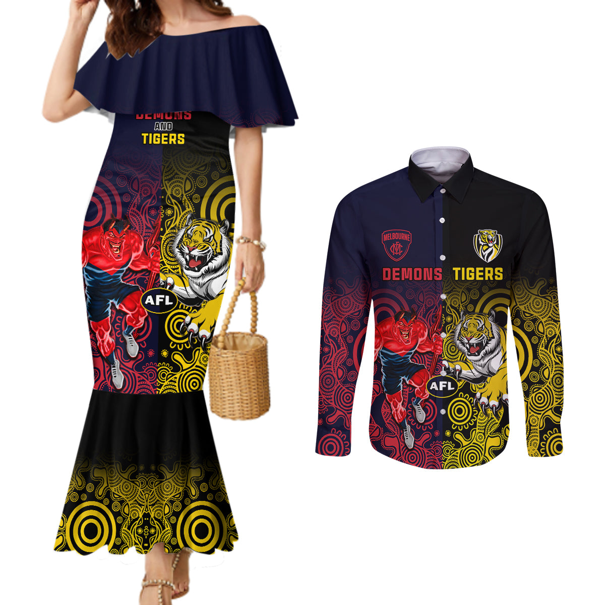 custom-demons-and-tigers-football-couples-matching-mermaid-dress-and-long-sleeve-button-shirts-2023-together-indigenous-art