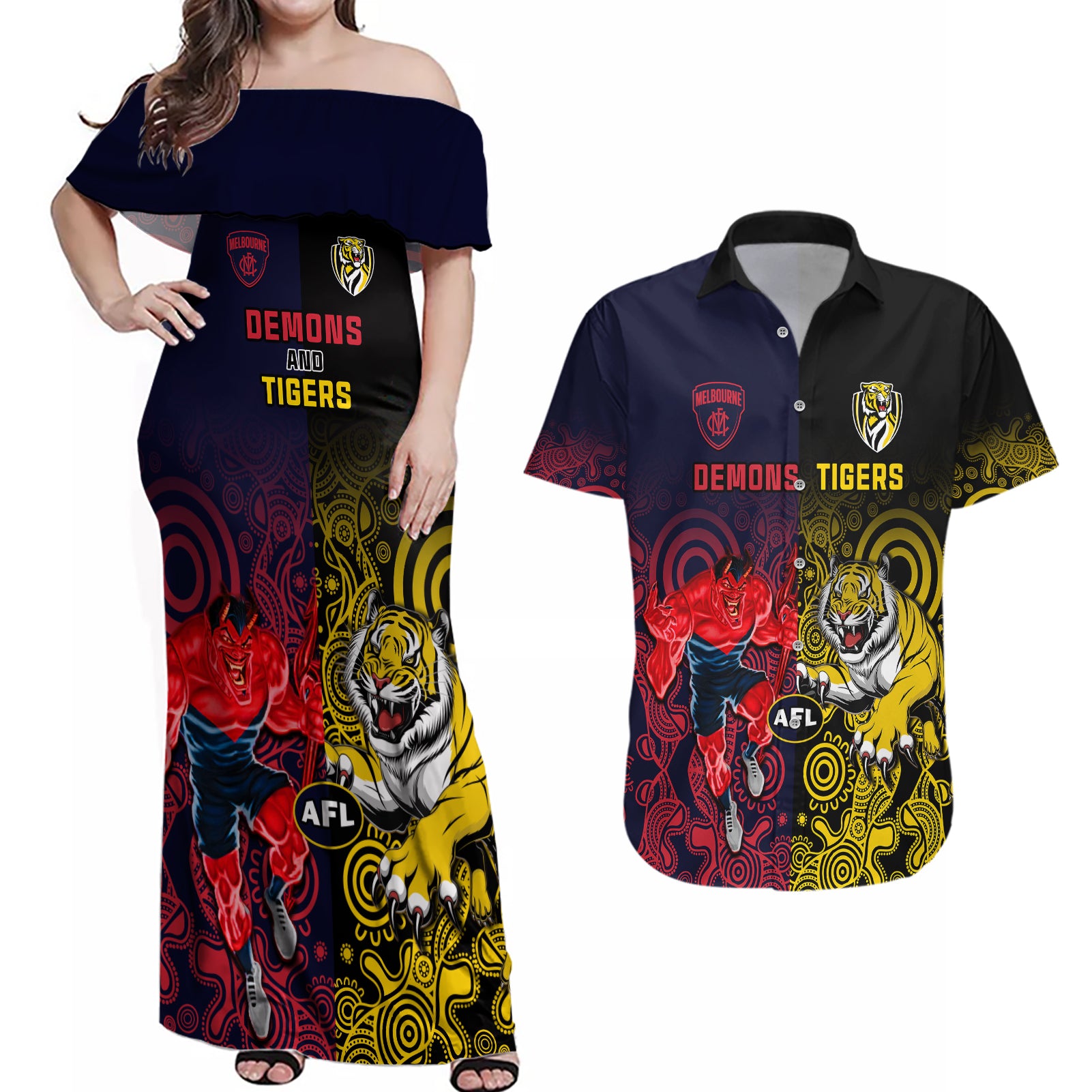 custom-demons-and-tigers-football-couples-matching-off-shoulder-maxi-dress-and-hawaiian-shirt-2023-together-indigenous-art