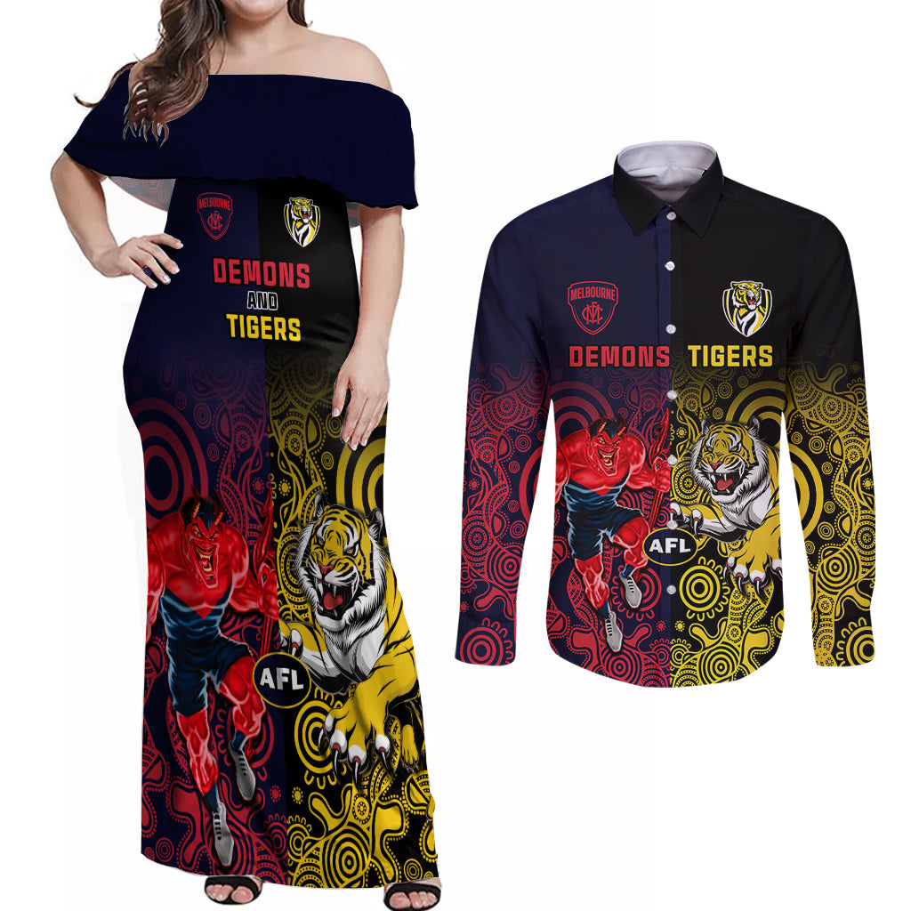 custom-demons-and-tigers-football-couples-matching-off-shoulder-maxi-dress-and-long-sleeve-button-shirts-2023-together-indigenous-art