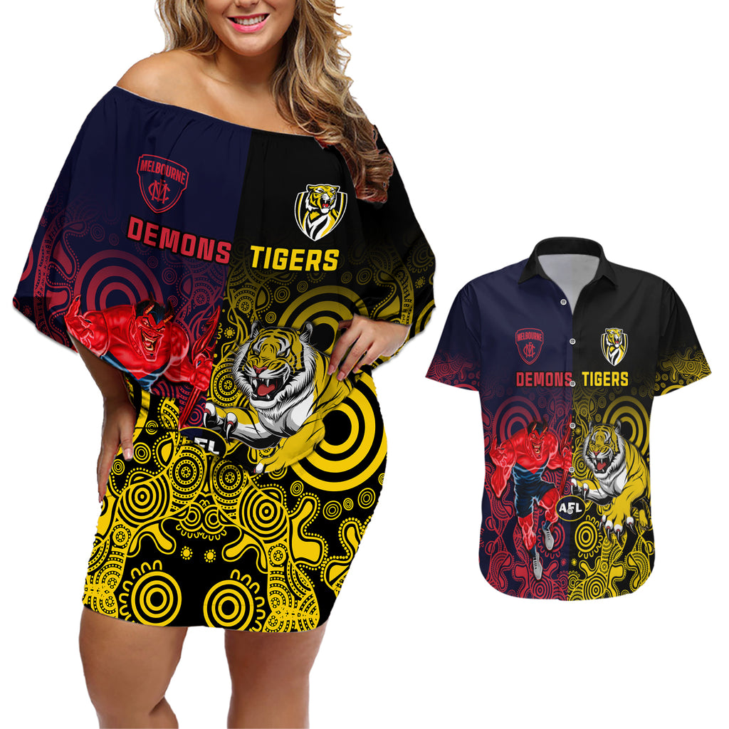 custom-demons-and-tigers-football-couples-matching-off-shoulder-short-dress-and-hawaiian-shirt-2023-together-indigenous-art